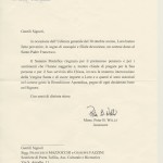 Lettera di ringraziamento della Segreteria di Stato vaticana.